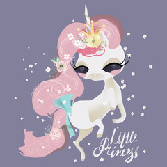 Cute dreaming baby unicorn girl princess with flowers and tied bow. Little Princess lettering