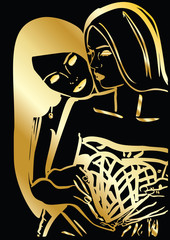 Love in Valentines day holiday lesbian women with heart in erotic foreplay game. Vector gold sexy girl in black background. Couple homosexual girlfriend cuddle on date. Drawing two fashion model.