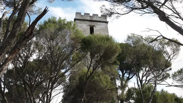 tilt down shot of the historic whale watching boyd tower at eden, australia