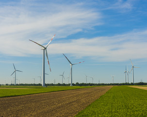 Wind turbines with blue sky.