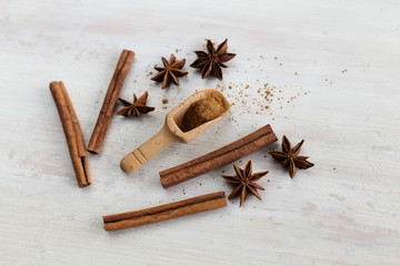 Spices for mulled wine (cinnamon and star anise) close-up