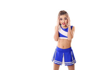 Young cheerleader in blue and white suit on white background. Isolated on white background.