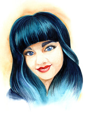 hand-painted watercolor portrait of a beautiful young woman with luxurious black hair with red lips and blue luminous eyes