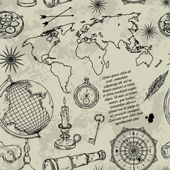 Seamless pattern with globe, compass, world map and wind rose. Vintage science objects set in steampunk style. Vector illustration