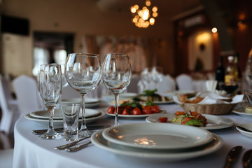 Restourant's table prepared for celebrating wedding