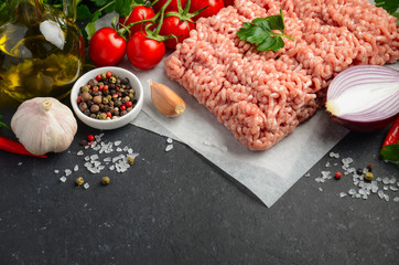 Raw minced meat on paper with fresh vegetables and spices on black background selective focus