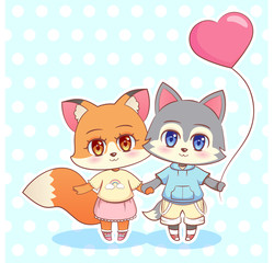 Sweet Little cute kawaii anime cartoon Puppy fox wolf dog boy and girl with pink balloon in the shape of a heart. Card for Valentine Day. Love and friendship Children character