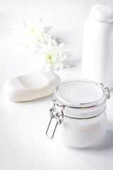 natural organic cosmetics with herbs for baby on white backgroun