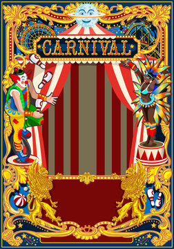 Carnival poster template. Circus vintage theme for kids birthday party invitation or post. Quality vector illustration.