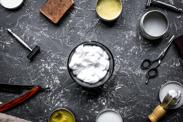 barbershop for men with tools on gray background top view
