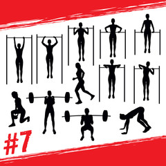 Vector silhouettes of people doing fitness and crossfit workouts