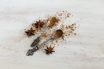 Cinnamon and star anise on a beautiful spoon (close-up)