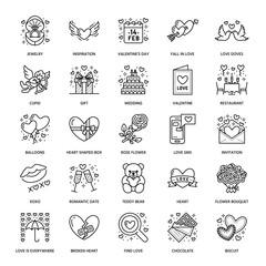 Valentines day flat line icons. Love, romance symbols - hearts, engagement ring, wedding cake, Cupid, romantic date, valentine card, doves kiss. Thin linear signs for february 14 celebration.