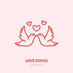 Kissing doves illustration. Two flying birds in love flat line icon, romantic relationship. Valentines day greeting sign.