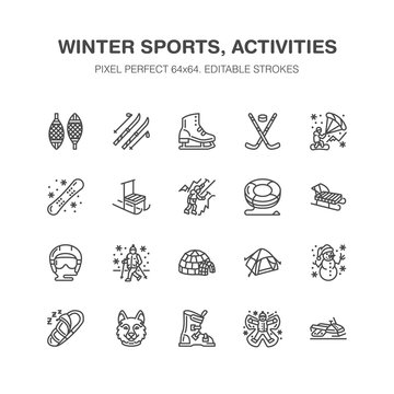 Winter sports vector flat line icons. Outdoor activities equipment snowboard, hockey, sled, skates, snow tubing, ice kiting. Linear pictogram with editable stroke for ski resort. Pixel perfect 64x64.
