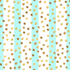 Golden dots seamless pattern on blue striped background. Wonderful gradient golden dots endless random scattered confetti on blue striped background. Confetti fall chaotic decor.