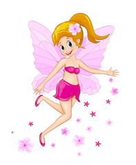 Pink flower fairy.Cartoon fairy in pink clothes on a white background