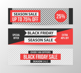 Three horizontal Black Friday banners in retro black and red style on gray background