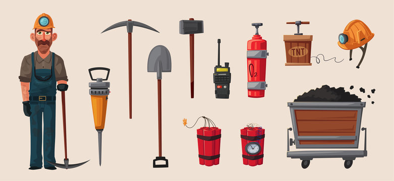 Set of mining tools. Worker's inventory. Cartoon vector illustration