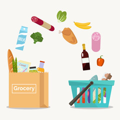 Groceries falling from a shopping basket into a paper bag. Vector illustration flat design.