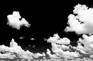 White cloud isolated on black background, Black and white cloudscape image, Cloudscape isolated on black sky, Black and white cloudscape image