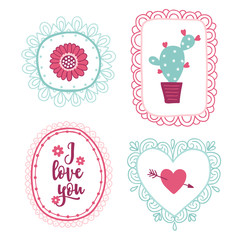Set of Valentine's Day symbols in hand drawn frames