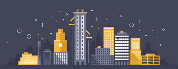 City illustration. Towers and buildings in modern flat style on dark background