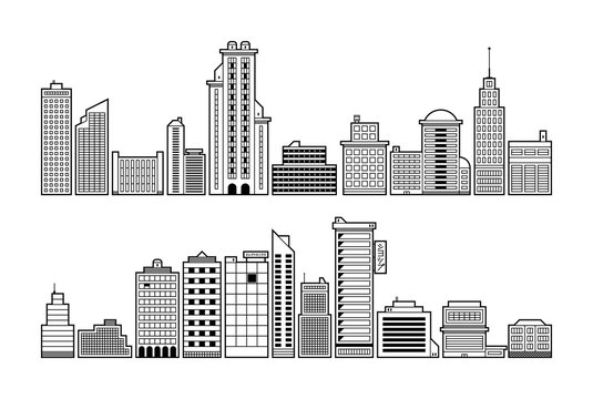 Set of modern city buildings. Black and white contour style.