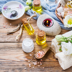 Spring spa wellness setting concept, background with essential oil soap cream