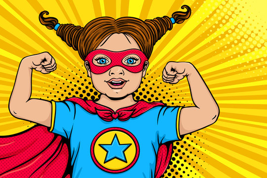 Wow child face. Cute surprised blonde little girl dressed like superhero with open mouth shows her power and strength. Vector illustration in retro pop art comic style. Kids party nvitation poster.