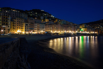 CAMOGLI, ITALY, JANUARY 13, 2018 - Panoramic view of city of Camogli by night , Genoa (Genova) Province, Liguria, Mediterranean coast, Italy