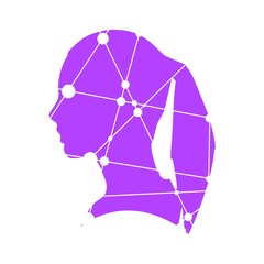 Profile of the head of a woman. Scientific medical design. Molecule and communication style design of the icon. Connected lines with dots.