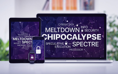 Chipocalypse concept with meltdown and spectre threat on screens of various devices