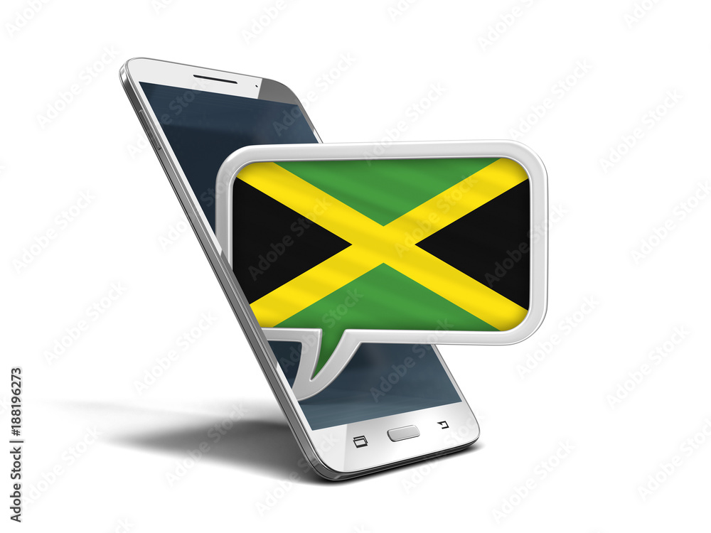Poster touchscreen smartphone and speech bubble with jamaican flag. image with clipping path