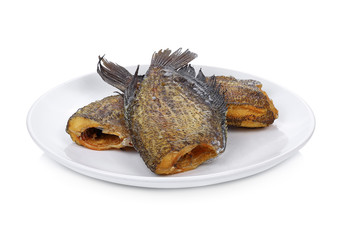 fried fish in plate isolated on  white background