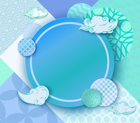 Paper art blue frame with japan wave pattern, brochure, business card template or background in trendy oriental geometric style, chinese eastern ornament, trendy vector fashion invitation, gift card
