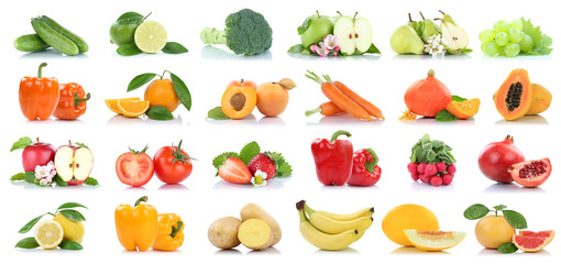 Früchte Obst und Gemüse Apfel Tomaten Orange Trauben Karotten Farben Sammlung Freisteller...