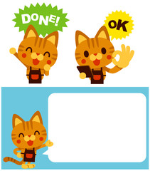 Vector set of cute cat character as a merchant in different action poses isolated on white background.