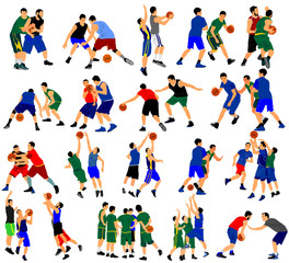 Fototapeta na wymiar Big group of Basketball players in duel vector illustration isolated on white background. Set of several basketball situation and position in game, battle for ball.