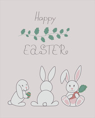 Happy Easter card or invitation with funny rabbits and hares in cute and childish hand drawn line style.
