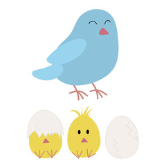 Easter bird mother and her chicks hatching from the eggs. Bluebird and chicken illustration in cute and childish style.