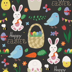 Happy Easter pattern traditional festive symbols. Such as bunny, egg basket, flowers, wreath, birds, butterfly and other decorative elements in cute and childish hand drawn style. Seamless background.