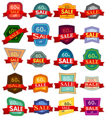 Set of twenty discount stickers. Colorful badges with red ribbon for sale 60 percent off. Vector illustration.
