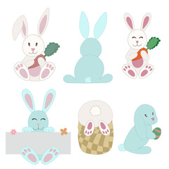 Easter bunny set in childish and cute design. Rabbits and hares with basket, carrot, egg and banner in cartoon doodle style.