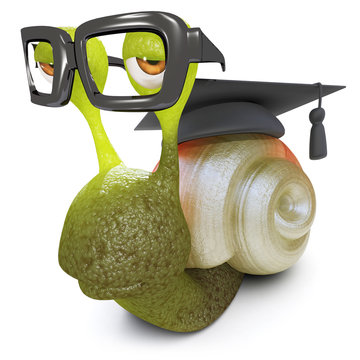 3d Funny cartoon snail bug wearing graduates cap and glasses