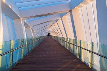 Pedestrian gallery inside the bridge on a Dubai Water Canal