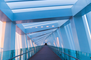 Pedestrian gallery inside the bridge on a Dubai Water Canal