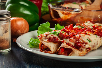 Traditional mexican enchiladas with chicken meat, spicy tomato sauce and cheese on a plate