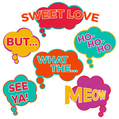 Set of six cartoon comic balloon speech bubbles in flat style. Elements of design comic books with different phrases. Vector illustration
