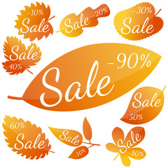 Set of autumn yellow-red leaves with inscription "Sale". Discounts from 10 to 90 percent. Vector illustration. 
